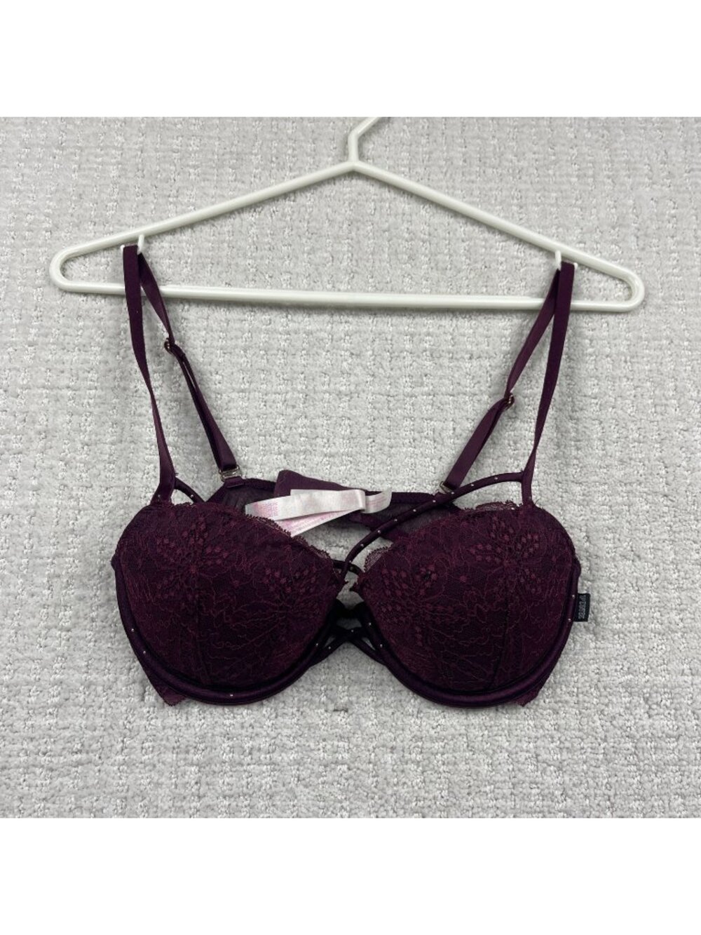 Y2K Victoria's Secret PINK Bra Women's 32C Lace Date Push Up Rhinestone Floral